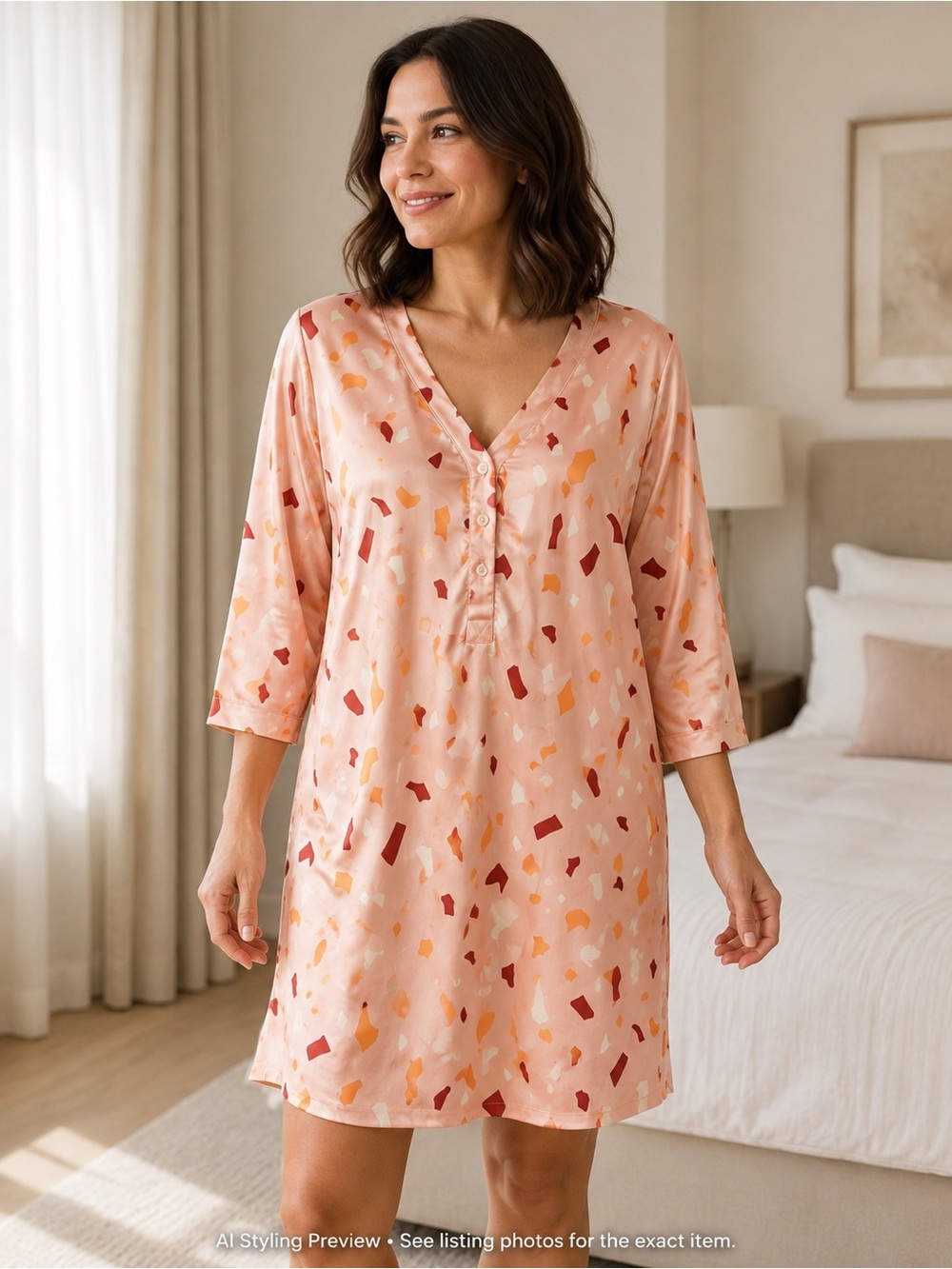 Smash + Tess Melina L Pink Terrazzo TENCEL Henley Sleep Dress NWT